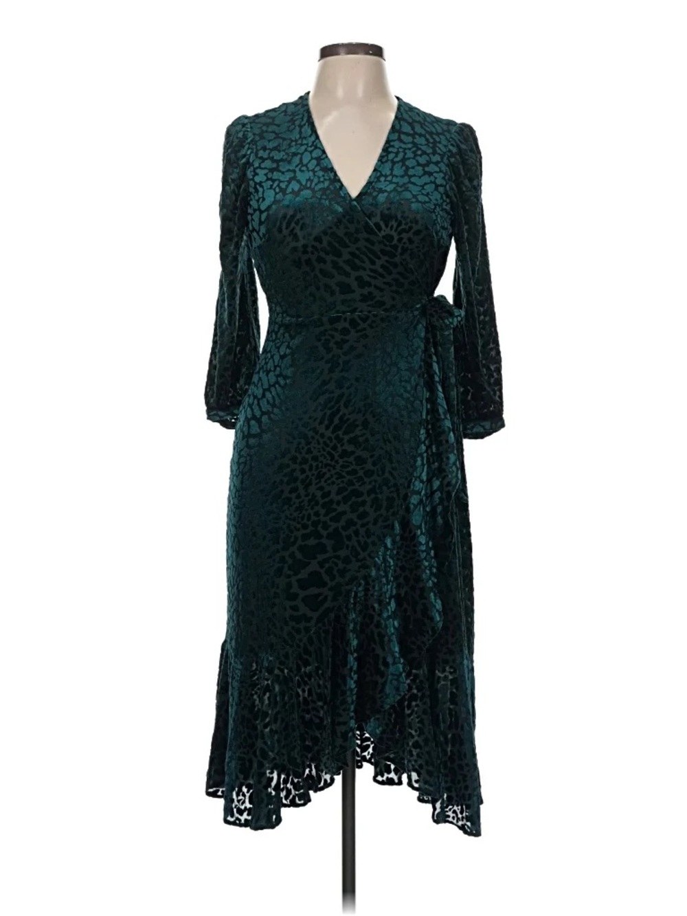 Calvin Klein Dark Green V-Neck Cuffed Sleeve Velour Dress